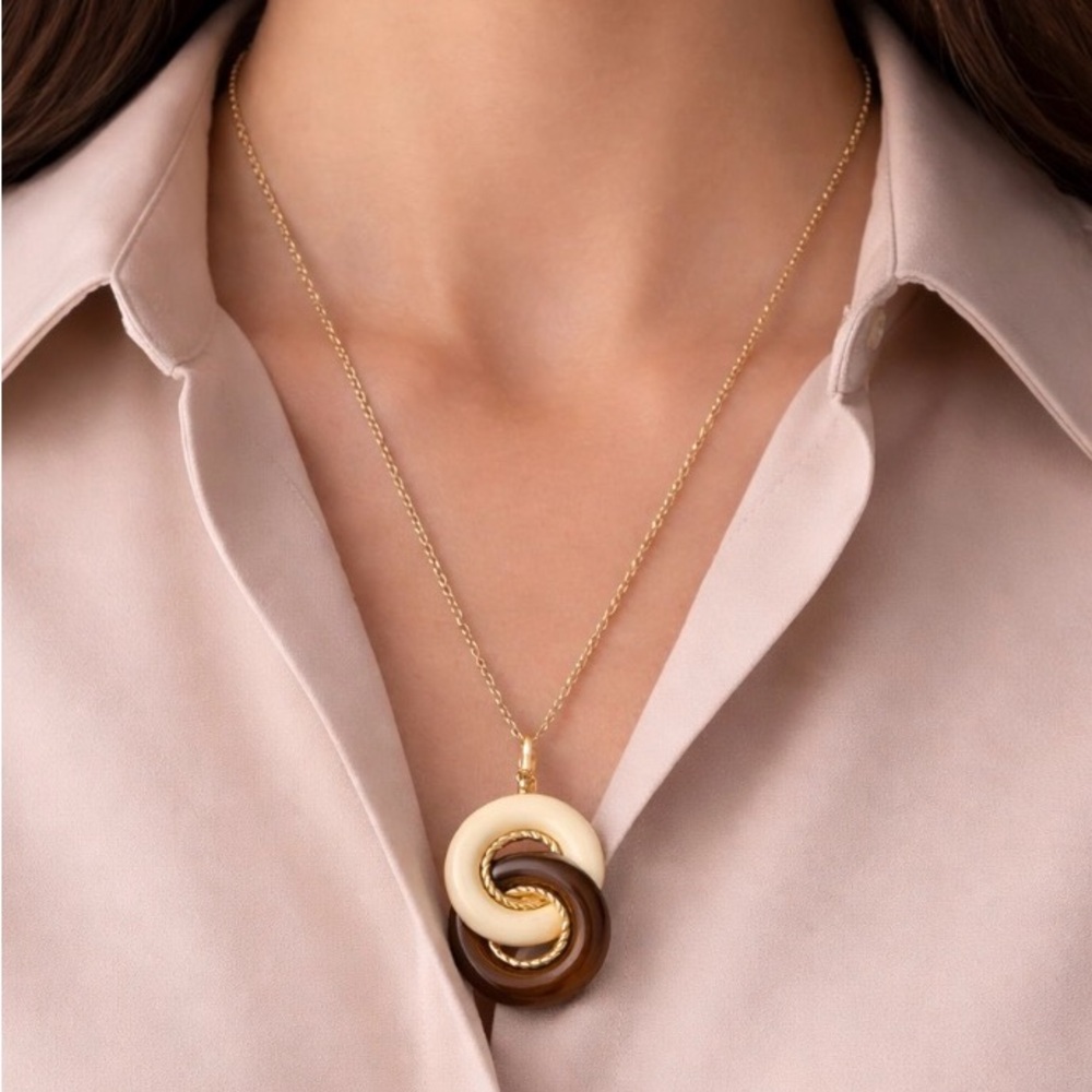 Vintage Vendome stamped brown and Cream loop gold tone Necklace